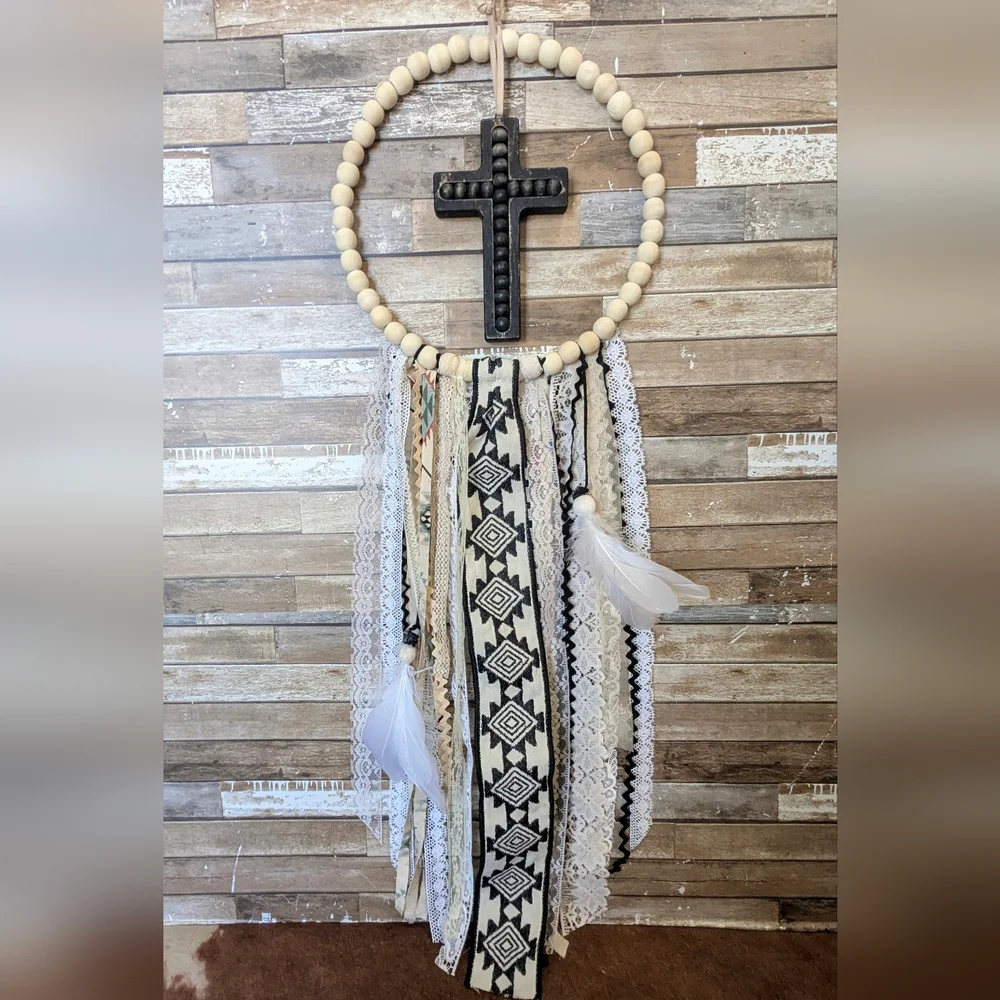 New Handcrafted Boho Dreamcatcher With Rustic Wooden Cross & Feathers - Picture 7 of 9